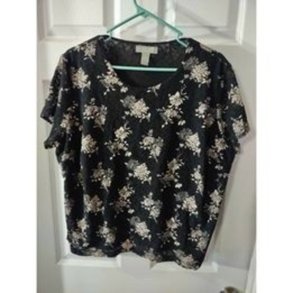 Kate Hill Top Plus Size 1X Black Multicolor Floral Print Short Sleeve - Picture 1 of 8